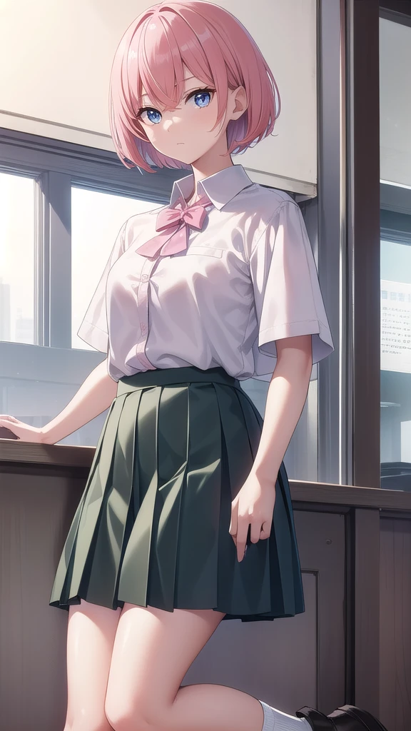 ichikanakano, Nakano Ichika, short hair, bangs, blue eyes, Hair between the eyes, Pink Hair,whole body,Low - Angle,front,looking at the camera, break skirt, shirt, , white shirt, Short sleeve, Pleated skirt, shoes, shoes下, collared shirt, Black footwear, sweater, white shoes下, Green Skirt, loafers, Waist clothes, break looking at viewer, whole body, Upper Body, break indoors, classroom, break (masterpiece:1.2), Highest quality, High resolution, unity 8k wallpaper, (figure:0.8), (Beautiful attention to detail:1.6), Highly detailed face, Perfect lighting, Highly detailed CG, (Perfect hands, Perfect Anatomy),
