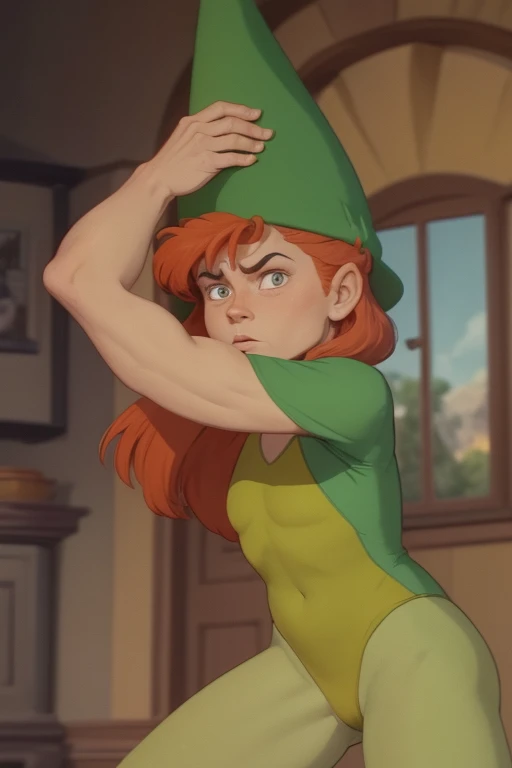 a redhead cartoon character dressed in a green leotard, very muscular, a 14 year old male wizard, 1980s cartoon, animated episode still, Presto (((mad))), ((Wears a wizard hat on his head))