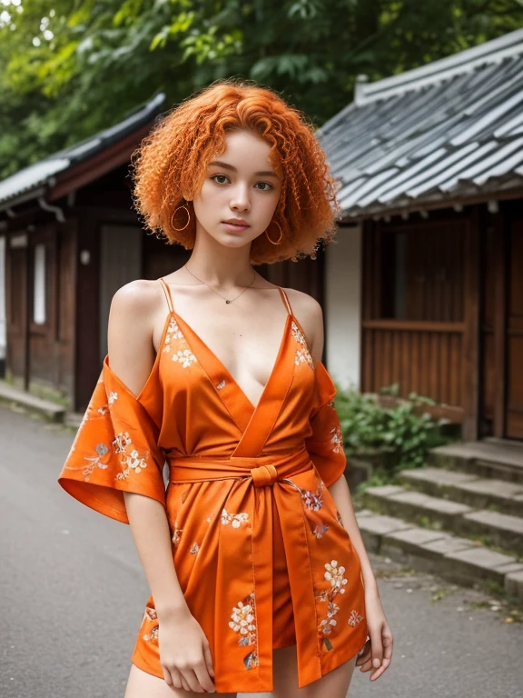 18 year old girl, Lovely, orange hair, Very short, Very curly, slim, flat bust, with freckles on the face, with slavic features, with red Japanese kimono, flowered, bare shoulders, Whole body, shows her legs, in the village.
