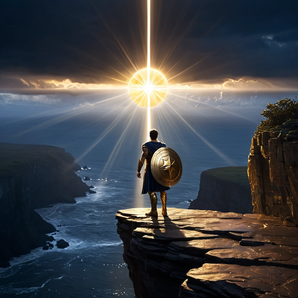 A heroic figure stands alone on a cliff, bathed in a golden light, symbolizing strength and transformation. The background is divided into two halves: one dark and stormy, the other bright with the dawn breaking. The hero holds a shining shield, standing tall and confident. The ground around him shows signs of breaking as if he has overcome great challenges. Rays of light emanate from his heart, spreading hope and courage. In the background, the sky transitions from darkness to light, with stars and a rising sun. The overall atmosphere is one of determination, hope, and resilience.