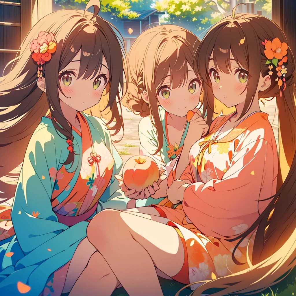 kawaii, anime, Cute, hyper quality, highly detailed, 8k, Clarity, dark brown long hair, green eyes, Eating a peach with my golden-eyed sister, huddle together, peek out one's face, soft air, whole body, Draw facial expressions in detail, Fantastic, Utopia, bite a peach, peach tree, heaven, Celestial maiden's robe, eat a peach with your mouth open, big peach tree, blue sky, lie down, eating motion, soft smile, in nature,