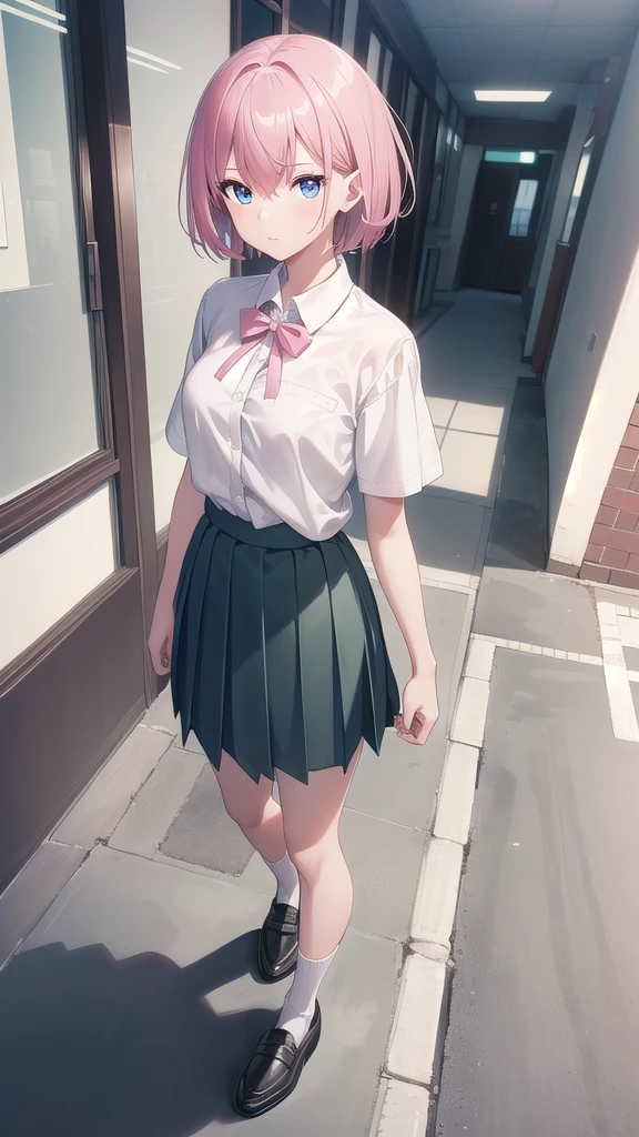 ichikanakano, Nakano Ichika, short hair, bangs, blue eyes, Hair between the eyes, Pink Hair,whole body,Low - Angle,front,looking at the camera, break skirt, shirt, , white shirt, Short sleeve, Pleated skirt, shoes, shoes下, collared shirt, Black footwear, sweater, white shoes下, Green Skirt, loafers, Waist clothes, break looking at viewer, whole body, Upper Body, break indoors, classroom, break (masterpiece:1.2), Highest quality, High resolution, unity 8k wallpaper, (figure:0.8), (Beautiful attention to detail:1.6), Highly detailed face, Perfect lighting, Highly detailed CG, (Perfect hands, Perfect Anatomy),
