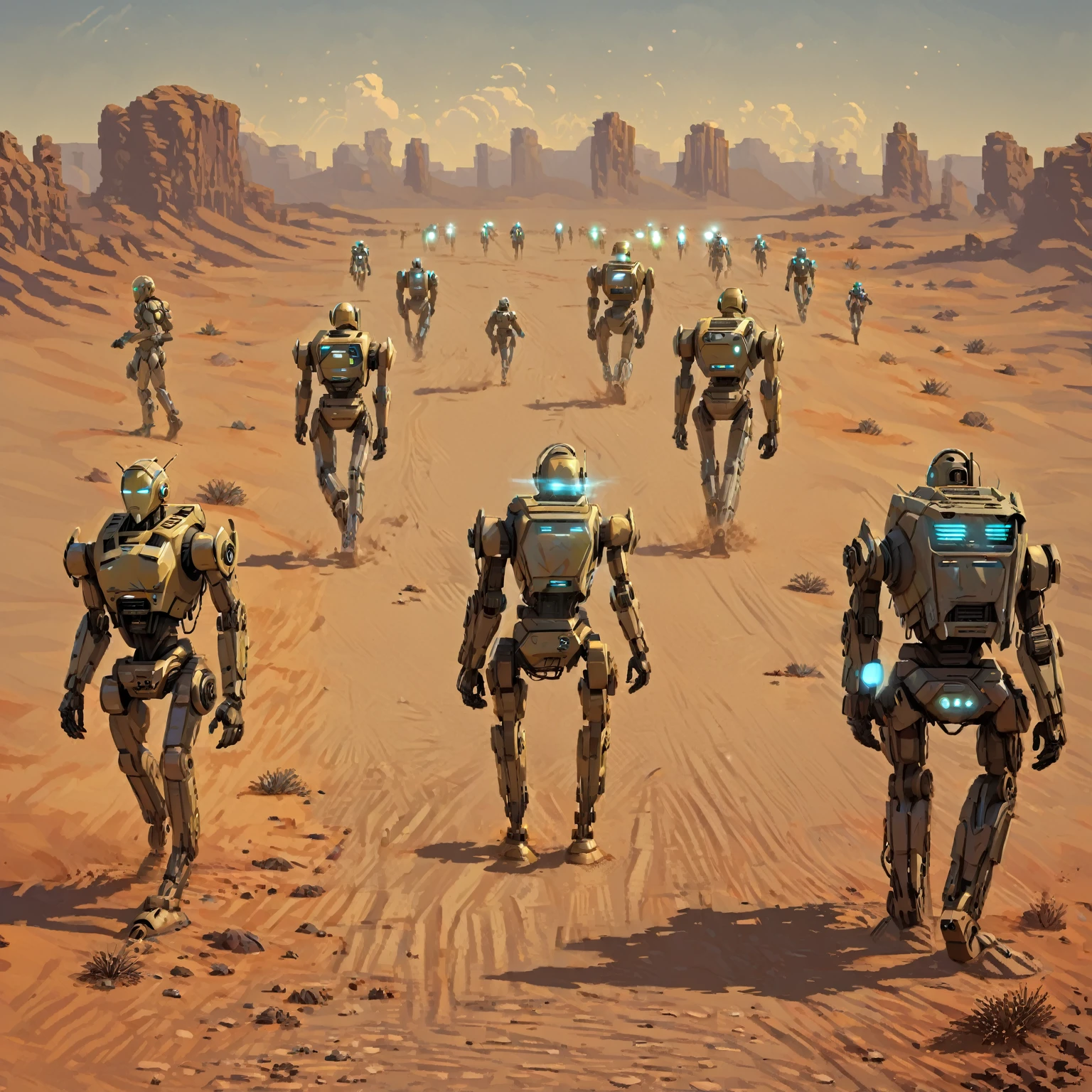 several robots are walking on a desert road in a line, scifi robots, army of robots, army of big robots, robot art cracking the road, android jones and rhads, crowd of androids, running robots in a marathon, robots, futuristic robots, on a remote desert planet, robot concept art, from a 2 0 1 9 sci fi 8 k movie