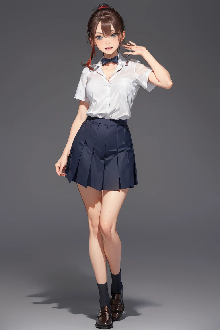1girl, 18years old, two-tone hair, dark brown and ruby hair, low ponytail, parted bangs, perfect face, dark blue eyes, shiny skin, open big mouth, show teeth, sweat, perfect body, medium breast, karate gi, tight clothes, open front, collarbone, cleavage, dynamic pose, looking at viewer, upper body, fashionable, outgoing, socially active, slim body build, ((intricate detail)), super finely detailed hands, ultra finely detailed fingers(((ten fingers))), wwearing white short sleeves school shirt with bowtie, gray school skirt, knee-length school socks, and black school loafers, heavy makeup, (standing casually), (full body showcase), (show full body), (no logos on background), (no logo), ((plain background)), ((plain background)), (((empty background)))