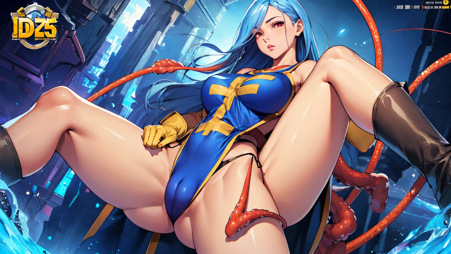 masterpiece,Highest quality, Unreal Engine, Super Resolution, Very detailed,
1 Girl, Waist, thin, (Muscular:0.8)
Round Breasts, Big Breasts, Bold,  Part your lips, Observe the audience,
, 
Waist shot,Tentacles entangled in chest,,
, Key Visual,
 Light blue hair, Red eyes, Long-haired monk \(dq3\)
,,Tabard Elbow Gloves((Spread your legs and raise them:1.3)),(Cameltoe:1.5)、(Black string panties:1.2)