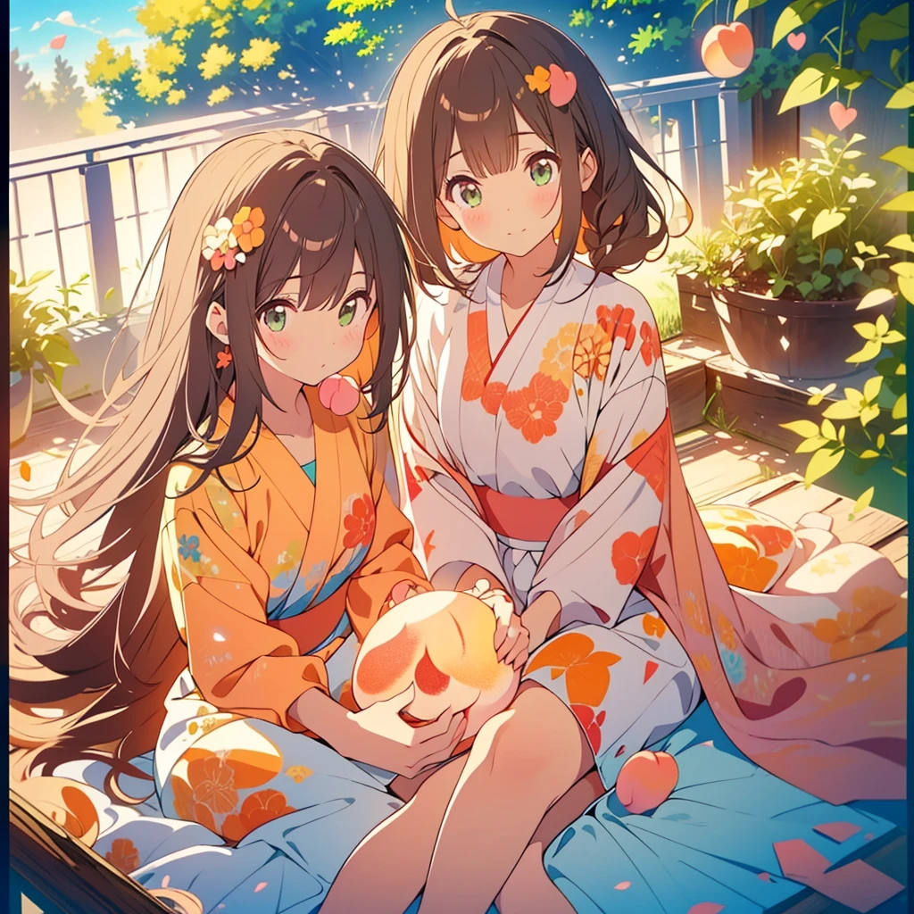 kawaii, anime, Cute, hyper quality, highly detailed, 8k, Clarity, dark brown long hair, green eyes, Eating a peach with my golden-eyed sister, huddle together, peek out one's face, soft air, whole body, Draw facial expressions in detail, Fantastic, Utopia, bite a peach, peach tree, heaven, Celestial maiden's robe, eat a peach with your mouth open, big peach tree, blue sky, lie down, eating motion, soft smile, in nature, 