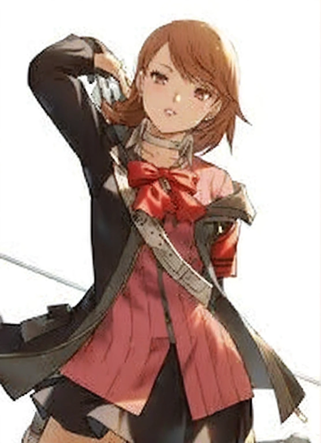 a woman in a pink jacket and black skirt holding a gun ,yukari takeba from persona 3, beautiful anime high school gir anime full body illustration,