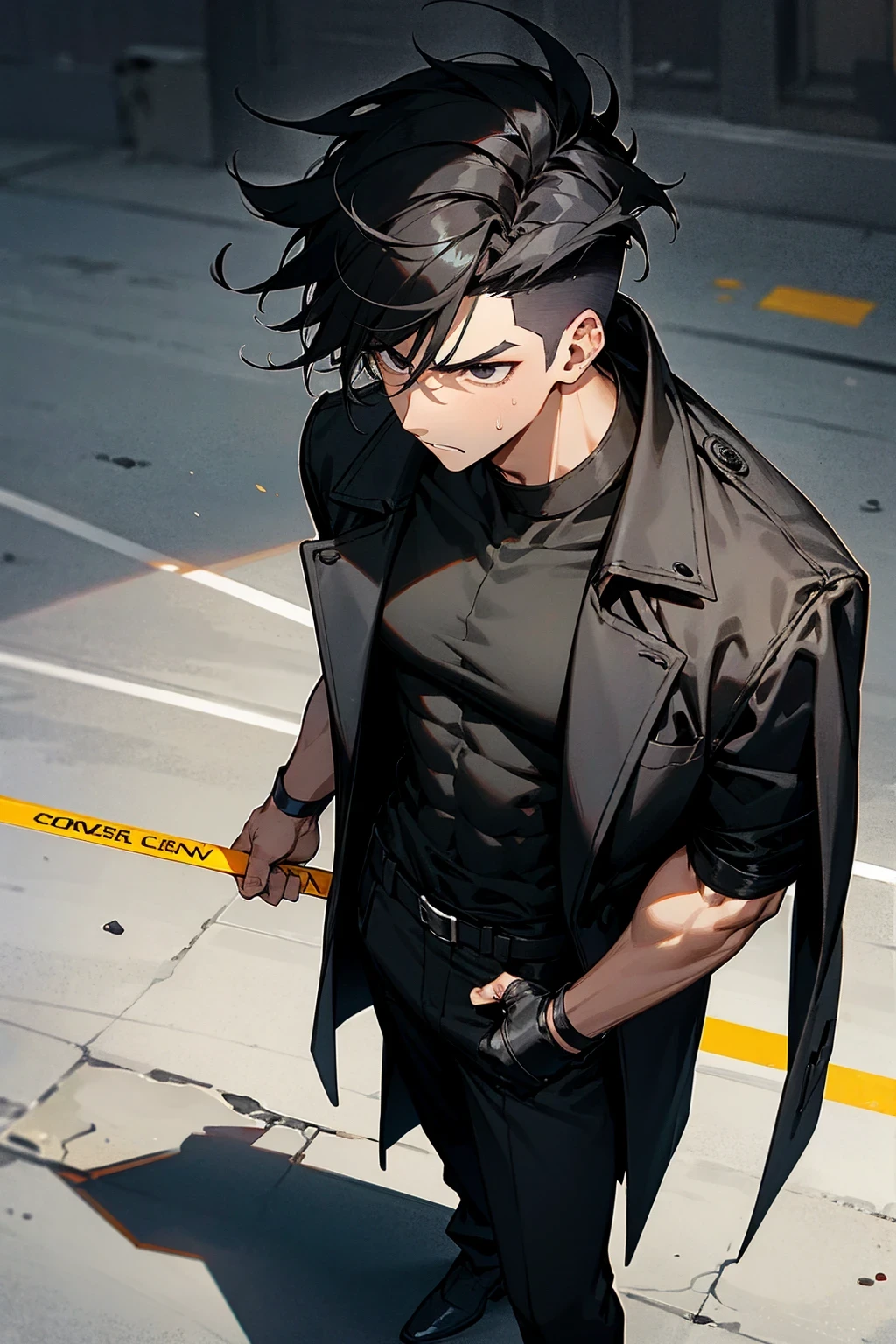 1male , Undercut Hair , Messy Hair , Goatee , Black Hair , Black Eyes , Dark Skin , Adult Male , Serious Expression , Standing on sidewalk , Black Compression T-Shirt , Black Trenchcoat