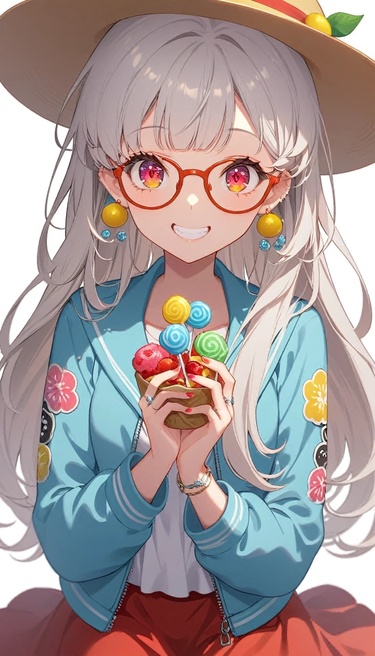 One girl, alone, Long Hair, View your viewers, smile, bangs, ((Blue Jacket)), Red pastel skirt、Red eyes,White hair in the eye、Beautiful eyes that shine、((yellow boater hat with red ribbon))、White Jewelry, Sitting, Jacket, Upper Body, Silver Hair、 earrings, Glasses, teeth, Grin, open Jacket, Earrings, ring, ear Earrings, White Background、White background,Umaibo、Candy、Eat sweets