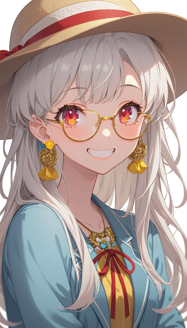 One girl, alone, Long Hair, View your viewers, smile, bangs, ((Blue Jacket)), Red pastel skirt、Red eyes,White hair in the eye、Beautiful eyes that shine、((yellow boater hat with red ribbon))、White Jewelry, Sitting, Jacket, Upper Body, Silver Hair、 earrings, Glasses, teeth, Grin, open Jacket, Earrings, ring, ear Earrings, White Background、White background,Umaibo、Candy、Eat sweets