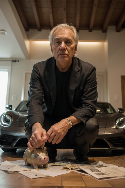 ((best quality)), ((masterpiece)), (detailed), Rich old man with sad face, surrounded by wealth and money, several piggy banks, a luxury house and a luxury car.