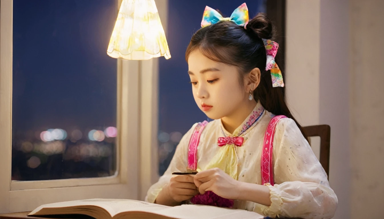 First-class quality，8K resolution，masterpiece，Fresh，Close-up shot，Chinese  bows her head to read a book，Sitting at the table，Fashion suspender top，Fair skin，Bright colors，Summer Night，The background is a window，Night view outside the window
