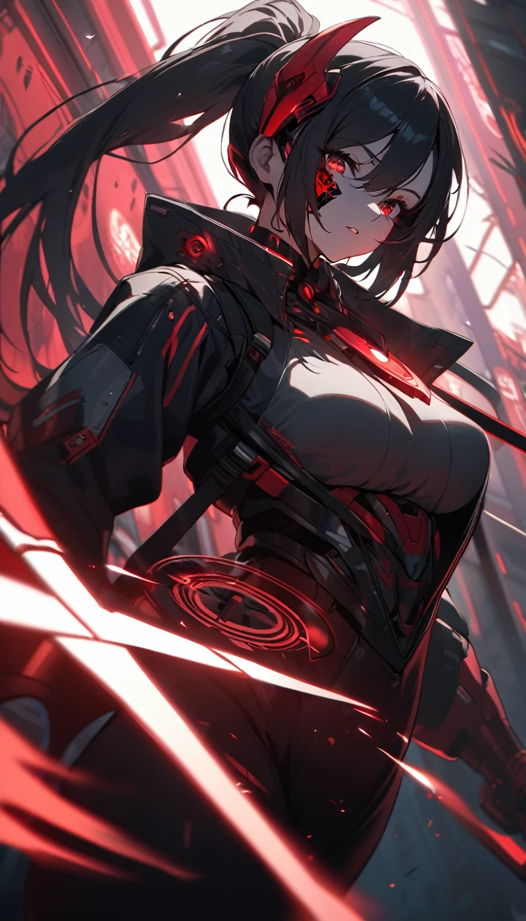 A woman,matured, perfect anatomy,wearing a full face cyberpunk mask,long pony tail hair(black hair),red aura,red magic circle,long demon blade with eyes on it, cinematic lighting, cinematic angle,