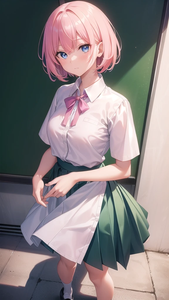 ichikanakano, Nakano Ichika, short hair, bangs, blue eyes, Hair between the eyes, Pink Hair,whole body,Low - Angle,front,looking at the camera, break skirt, shirt, , white shirt, Short sleeve, Pleated skirt, shoes, shoes下, collared shirt, Black footwear, sweater, white shoes下, Green Skirt, loafers, Waist clothes, break looking at viewer, whole body, Upper Body, break indoors, classroom, break (masterpiece:1.2), Highest quality, High resolution, unity 8k wallpaper, (figure:0.8), (Beautiful attention to detail:1.6), Highly detailed face, Perfect lighting, Highly detailed CG, (Perfect hands, Perfect Anatomy),