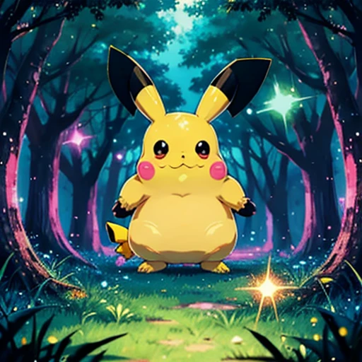 A plump Pikachu living in a psychedelic, dazzling, flashing forest