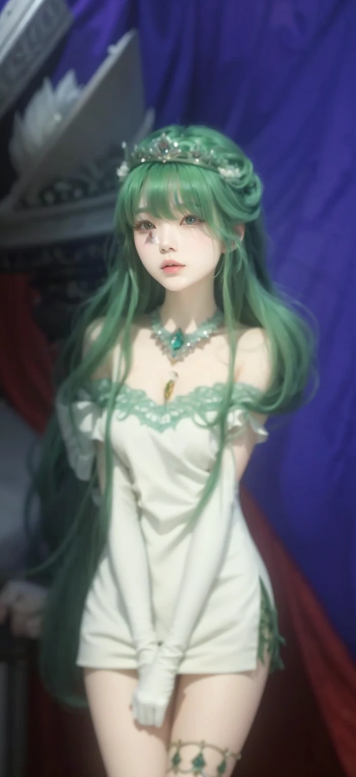 A korean woman with long green hair, white dress, white gloves, beauty, there is a crown on her head