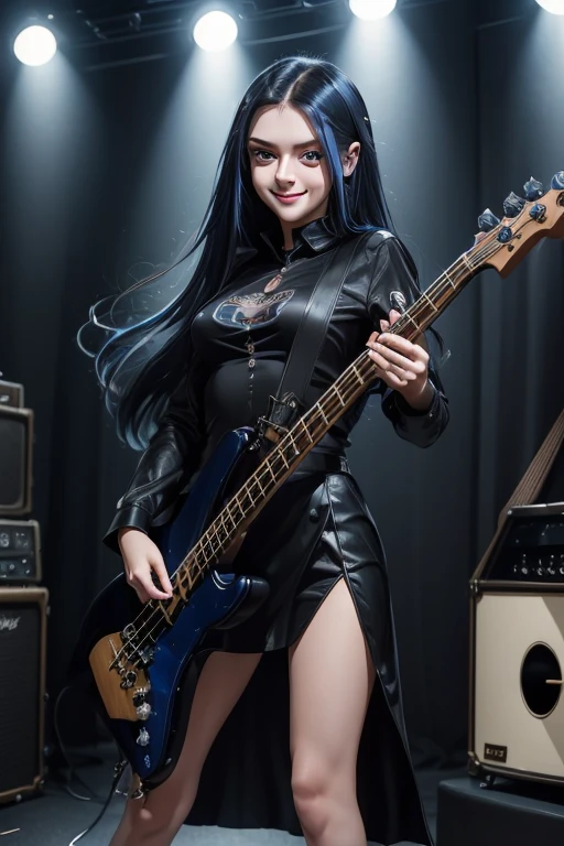 ((masterpiece, best quality)) 1girl, , solo, black slit dress, big eyes, blue eyes, cute face, smile, electric bass, bassist, Big Breasts, holding, holding plectrum, instrument, Long Straight hair, gothik, rock music, one side up, playing bass, slit skirt, black shirt, sexy body.