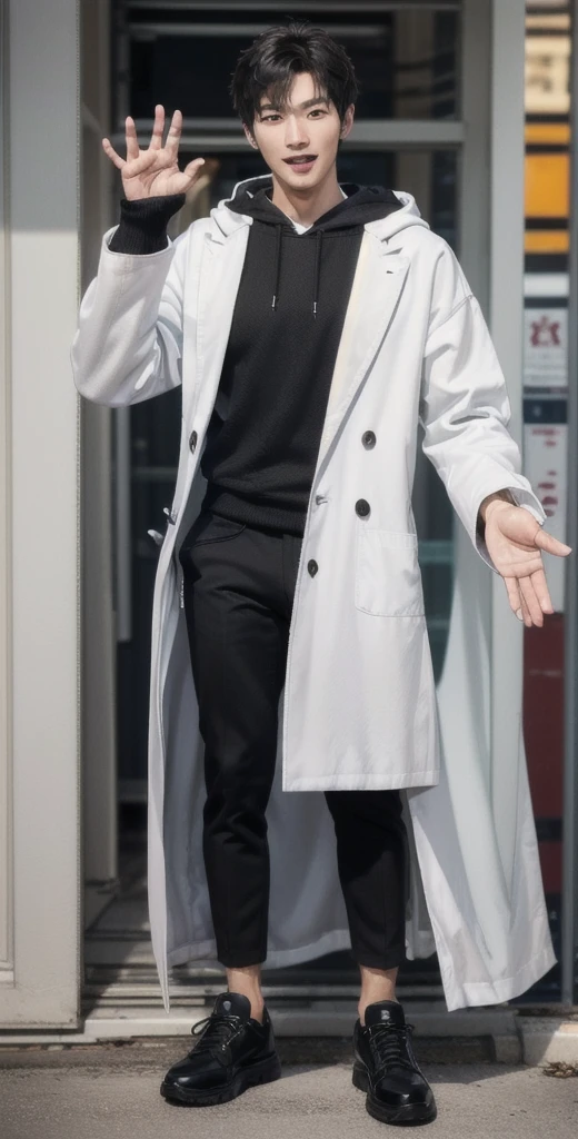 (OK Sign.:1.7),(photorealistic:1.2), (high detail face:1.3), (high detail hands:1.3), (anatomically correct hands:1.2), handsome young asian man, Japanese idol style, short clean-cut hair, ((center part)), (crisp white lab coat:1.3), ((black hoodie underneath:1.2)), (black pants:1.2), (black shoes:1.2), (enthusiastic expression:1.3), ((explain pose:1.4)), (both arms raised:1.3), (clenched fists:1.3), (energetic stance:1.2), plain white background, mid-shot portrait, full body view, high quality, detailed, 8K, (realistic skin texture:1.2), (sharp focus:1.1), (contrast between white coat and black clothing:1.2)