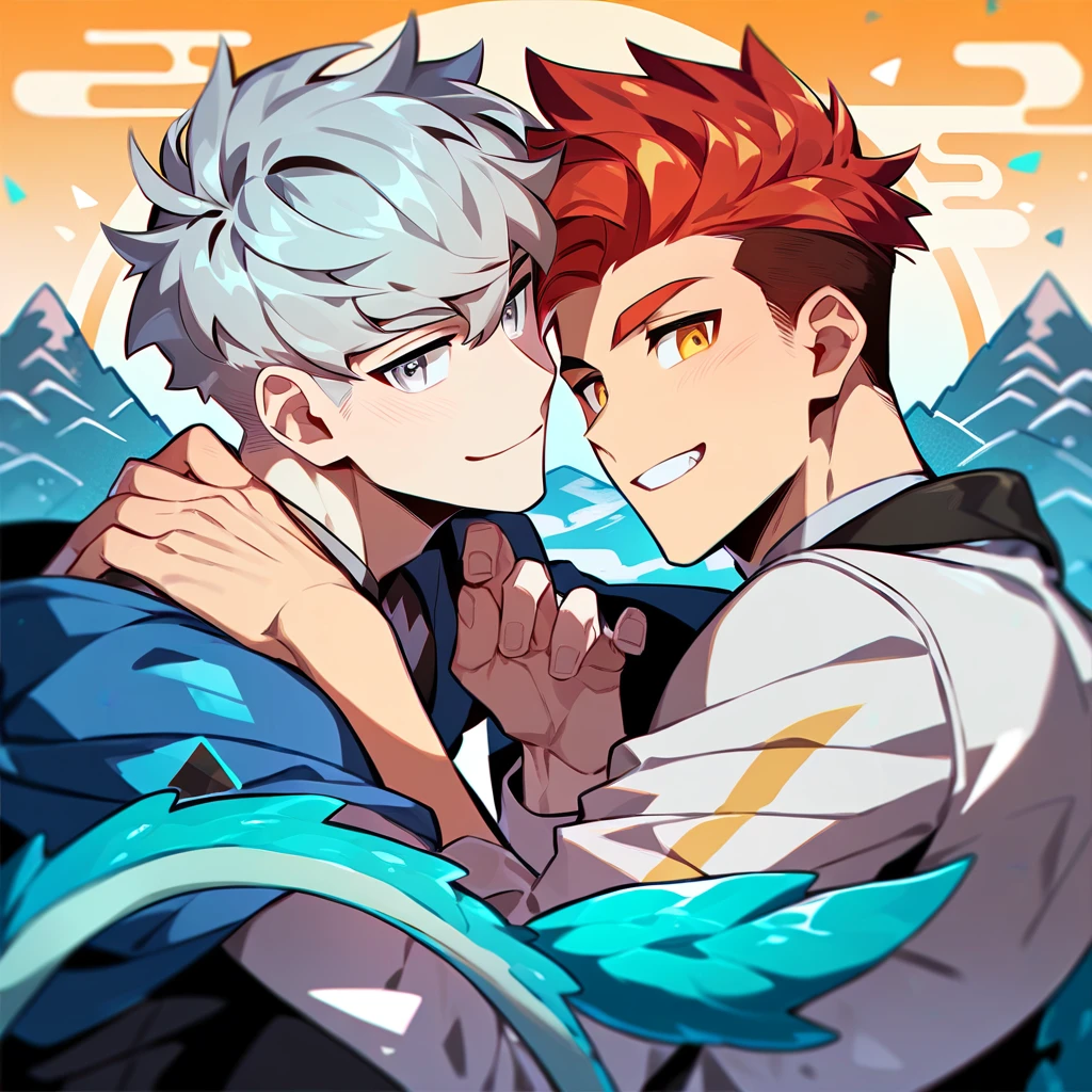 2 young men, focus man , Yaoi, pair,smile, (human, red hair, Amber eyes,Dragon Mountain,dragon tail ), (human, silver blonde hair, Silver eyes) , Fantasy, The best aesthetics , best quality, Amazing quality, The best aesthetics