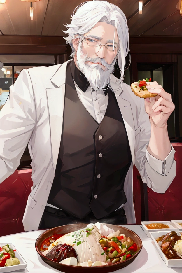 Grey-haired middle-aged man、Short white beard、Center Parting、Eat food at a restaurant、having meal