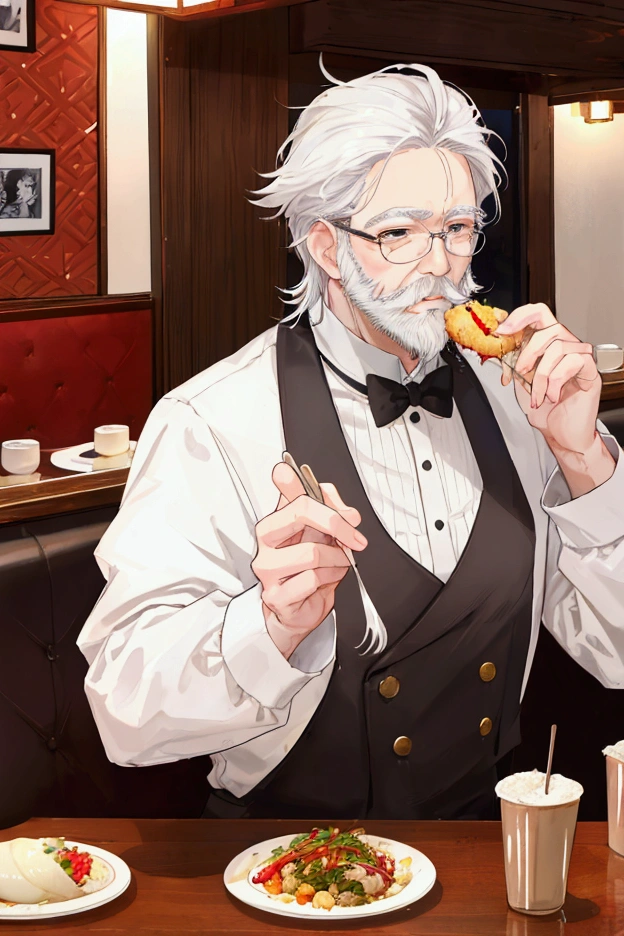 middle-aged white-haired man、Short white beard、Center Parting、Eat food at a restaurant、having meal