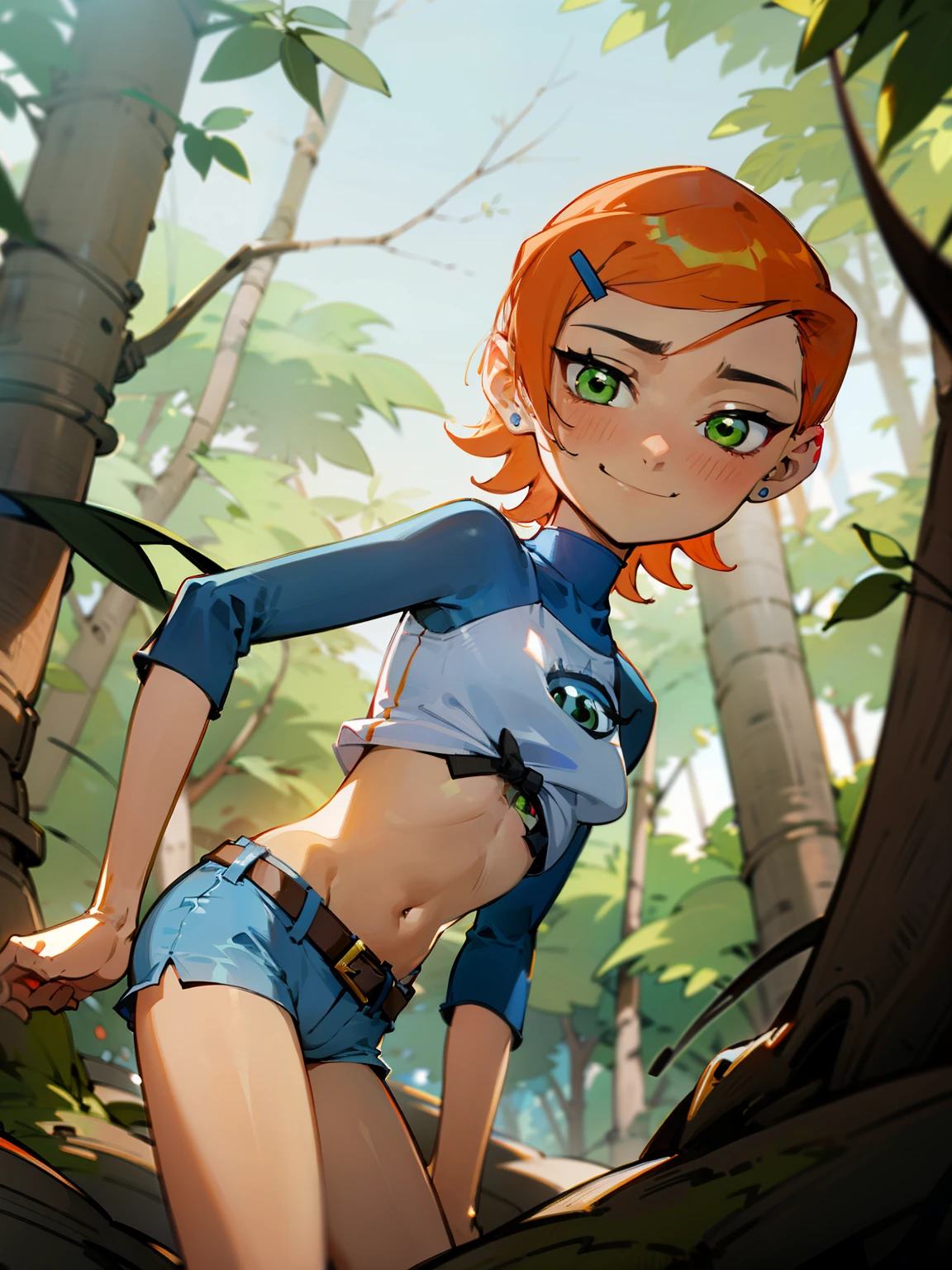 (masterpiece), best quality, very detailed, 1 woman (Gwendolyn_tennyson, beautiful face, chest, orange hair, Short hair, green eyes), , attractive face, laugh, alone, long sleeves, navel, belt, blue shorts,숲속at, standing, teasing sexy waist, 그녀의 보지at 사랑의 주스가 흘러나온다, ~at_Under