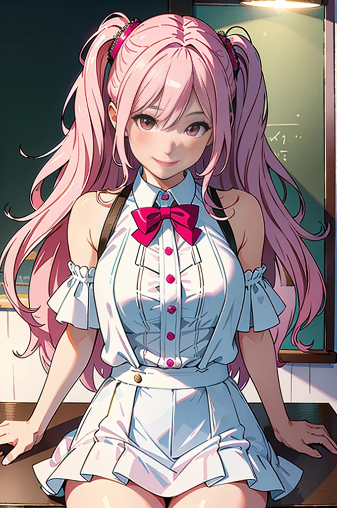 Ultra expensive Resolution, 16K, ((Tabletop)), ((Highest quality))), ((Very detailed)), With a girl, Long pink hair, expensive , smile, In the classroom