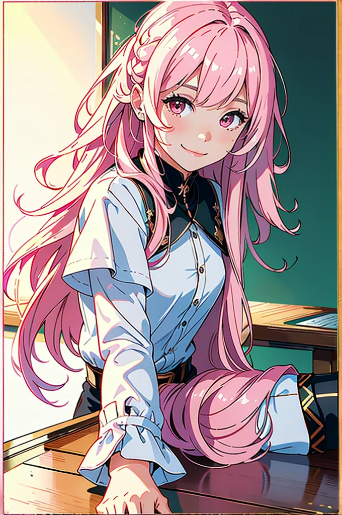 Ultra expensive Resolution, 16K, ((Tabletop)), ((Highest quality))), ((Very detailed)), With a girl, Long pink hair, expensive , smile, In the classroom