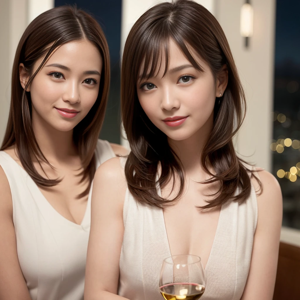(hair, Ultra-high resolution, Highest quality, masterpiece: 1.2), (Realistic, photoRealistic: 1.37), Very detailed, 1 pretty woman, (slimな顔), (The body is slim), (Brown Hair), (Shortcuts), cheeks turn a little red, (44 years old), 38 years old, alone, 窓の外の美しい詳細な都市のnight景, restaurant, wine glassが座る, nightに, NovaFrogStyle in a prominent place, actress, model, Upper Body, White wine, slim, wine glass, Super Clean night View, wine glass Put in the Middle, Happy smile, (smile: 1.15), Beautiful Eyes, Upper Body, Destroy Japan, night, short, short, actress, model, Upper Body, White wine, slim, wine glass, Super Clean night View, wine glass Put in the Middle, Happy smile,
