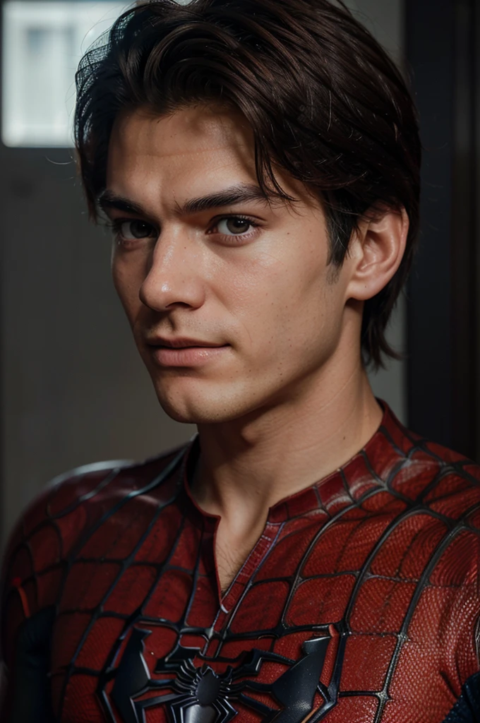 A photograph of spider man, no mask, 20 yo, handsome, detailed face, looking at camera, portrait, 8k uhd, high quality