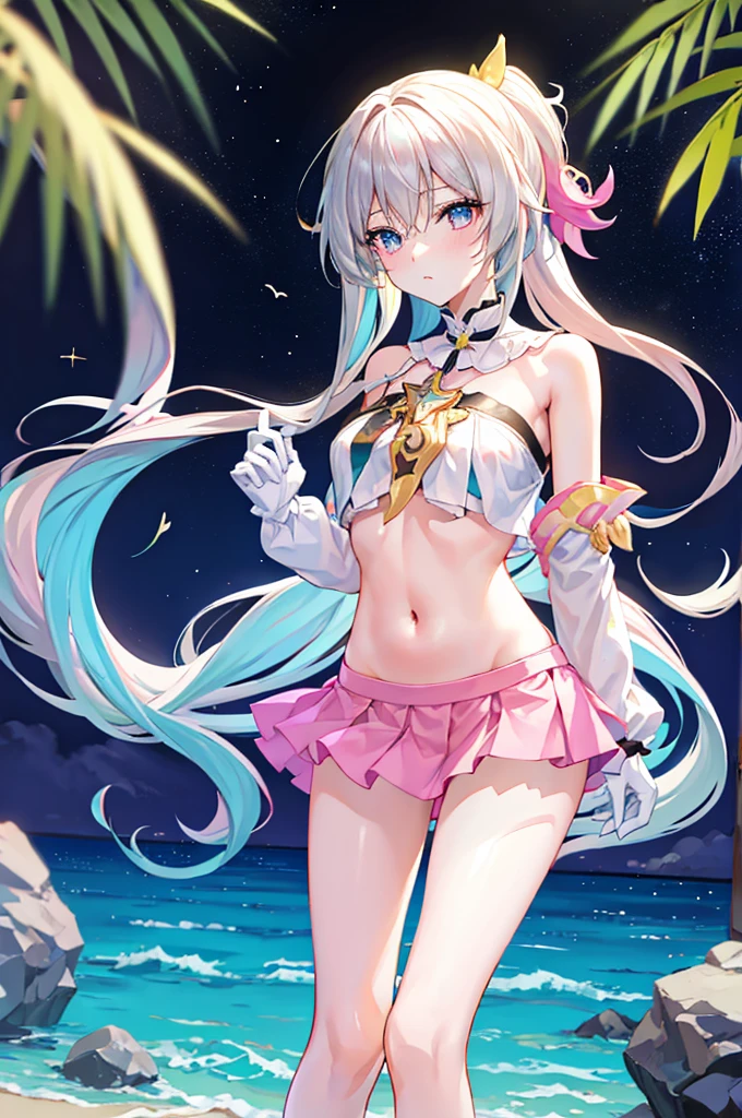 (masterpiece), best quality, long hair, straight hair, anime girl, young, skinny, sexy, beach , ( pink miniskirt), medium thighs, medium , navel, g cup chest, (beautiful face) , seductive , white gloves, upper thighs, bare shoulders , good angle , light blue hair , firefly (honkai star rail), leaning, ponytail, armpits, lying 