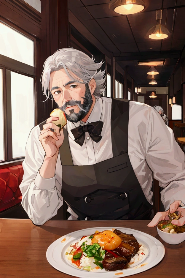 Grey-haired middle-aged man、Short white beard、Center Parting、Eat food at a restaurant、having meal