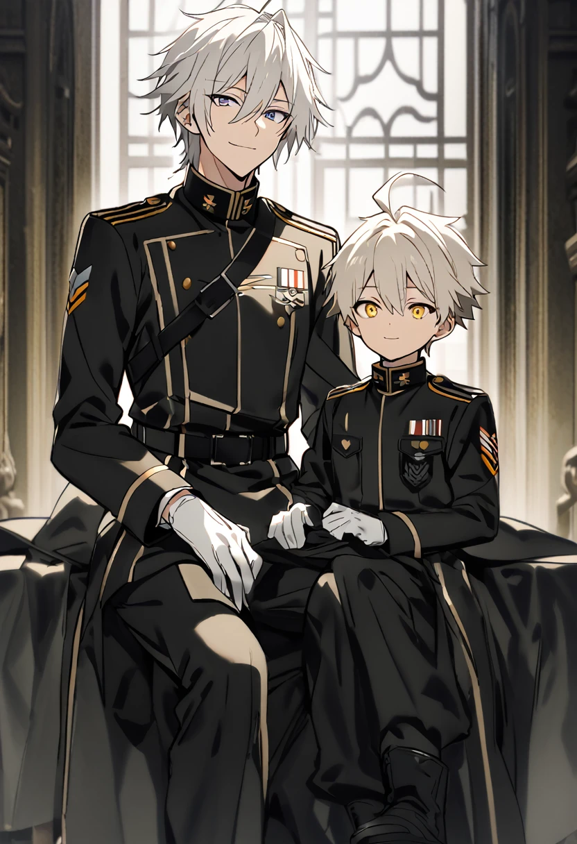 Young white-haired masculine boy, messy and medium long with ahoge, his hair is between his eyes, the eyes are yellow iris, He is wearing a black military suit with a white shirt inside and a black tie., on his hands there are white gloves, For his feet he wears black military boots., his body is young and thin, he is smiling