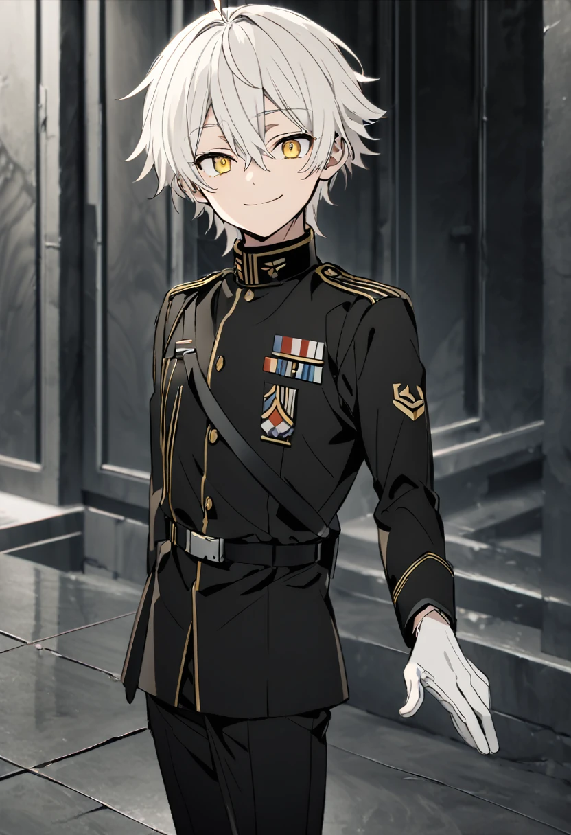 Young white-haired masculine boy, messy and medium long with ahoge, his hair is between his eyes, the eyes are yellow iris, He is wearing a black military suit with a white shirt inside and a black tie., on his hands there are white gloves, For his feet he wears black military boots., his body is young and thin, he is smiling