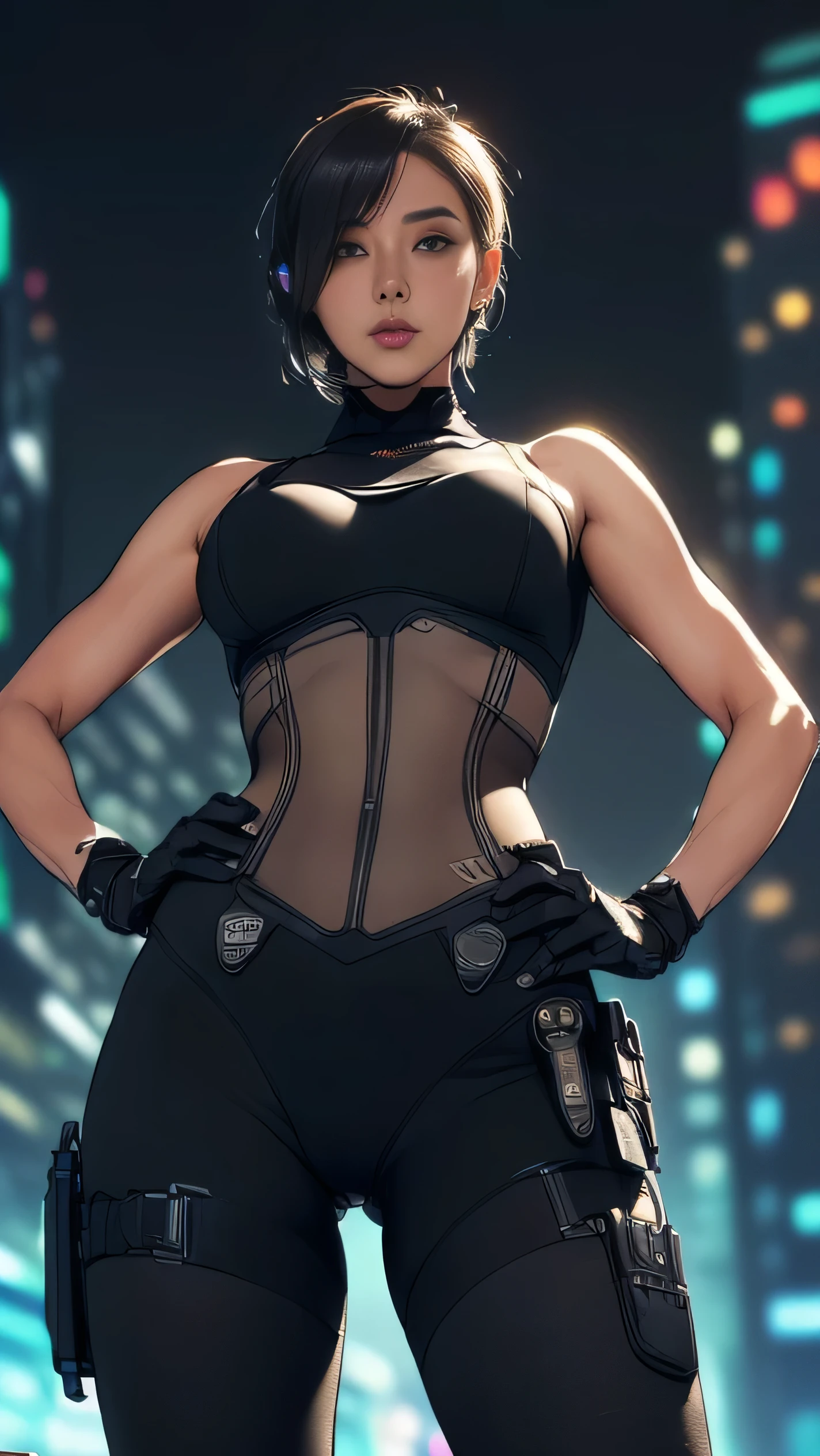 (A woman),(((Future female police officer standing))),((Black tactical tights:1.5)),((Camel toe:1.5)),((earphone:1.5)),((Tactical Holster:1.5)),(Gloves:1.5),(((Hands on Hips:1.5))),(front:1.5),(From below:1.2),(Super short hair:1.5),(bionde:1.5),(beautiful eyes:1.3),(Very detailedな顔:1.5),((Very detailed drawing of a female hand:1.5)),((muscular:1.5)),(Sexy look:1.5),((Thick thighs:1.5)),(Beautiful Body:1.5),((Very sensual:1.5)),(The backdrop is a futuristic city:1.5),(Cyberpunk atmosphere:1.5),(((Blurred Background:1.5))),(Written border depth:1.5),rest(((masterpiece:1.5),(best quality:1.5),(Very detailed:1.5),(high resolution:1.5),(Practical:1.5),(Practical:1.5),(Delicate depiction),(Carefully drawn))),8k,wallpaper