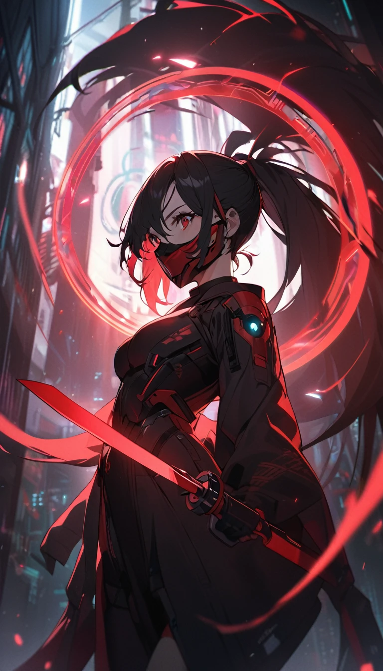 A woman,matured, perfect anatomy,wearing a full face cyberpunk mask,long pony tail hair(black hair),red aura,red magic circle,long demon blade with eyes on it, cinematic lighting, cinematic angle,
