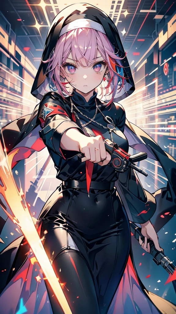 Girl，Red and blue gradient pupil，Yellow-purple gradient hair，Nun clothes，Armed with a revolver