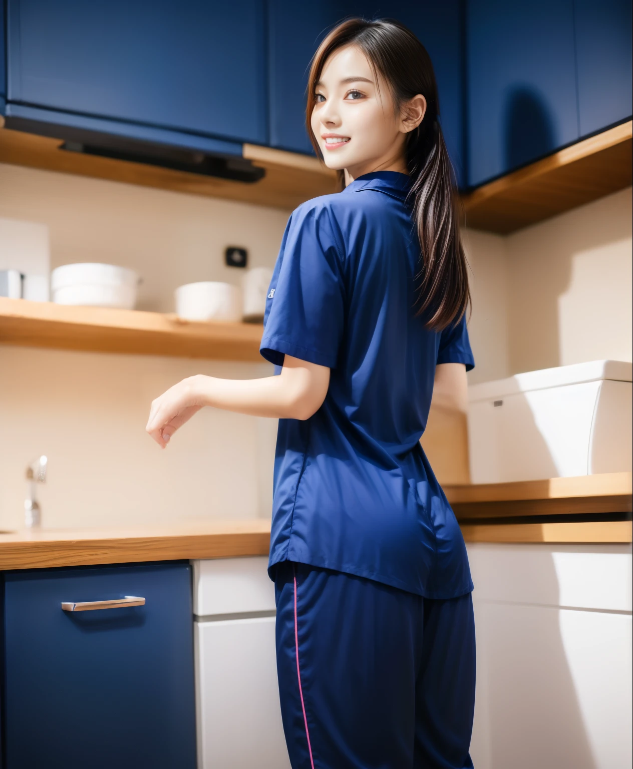 (best quality,10,10,height,Masterpiece:1.2),Special details,(realistic,ภาพrealistic,Realistic photos:1.37),1 Cute girl in the kitchen,shiny, ผิวshiny,only,smile softly,BDclothelue shirt:1.3)),short sleeve,shirt, กางเกงขาlong.,(navy_long_track pants:1.1), ((Kitchen Background)),Dynamic angle,excited,Face focus,dynamic poses,from behind,focus on ass,Masterpiece, best quality, ultra realistic, hyper detail, 8k resolution, raw photos, Sharp focus, ((Navy blue shirt:1.1)), short sleeve, เส้นทางlong, perfect body, 2 mature women, 18 years old, Cinema-grade lighting system,blue sweatpants,shirtผ้าออกกำลังกาย,correct anatomy,perfect body, correct body, Sharp face, correct bodyทางกายวิภาค, full body, realistic gestures, long-haired, realistic poses,Wear long shorts...........................,ช่วงขาlong,Good shape,carved girl, Slender figure, model, Good shape, beautiful body,blue sweatpants, two girls kissing