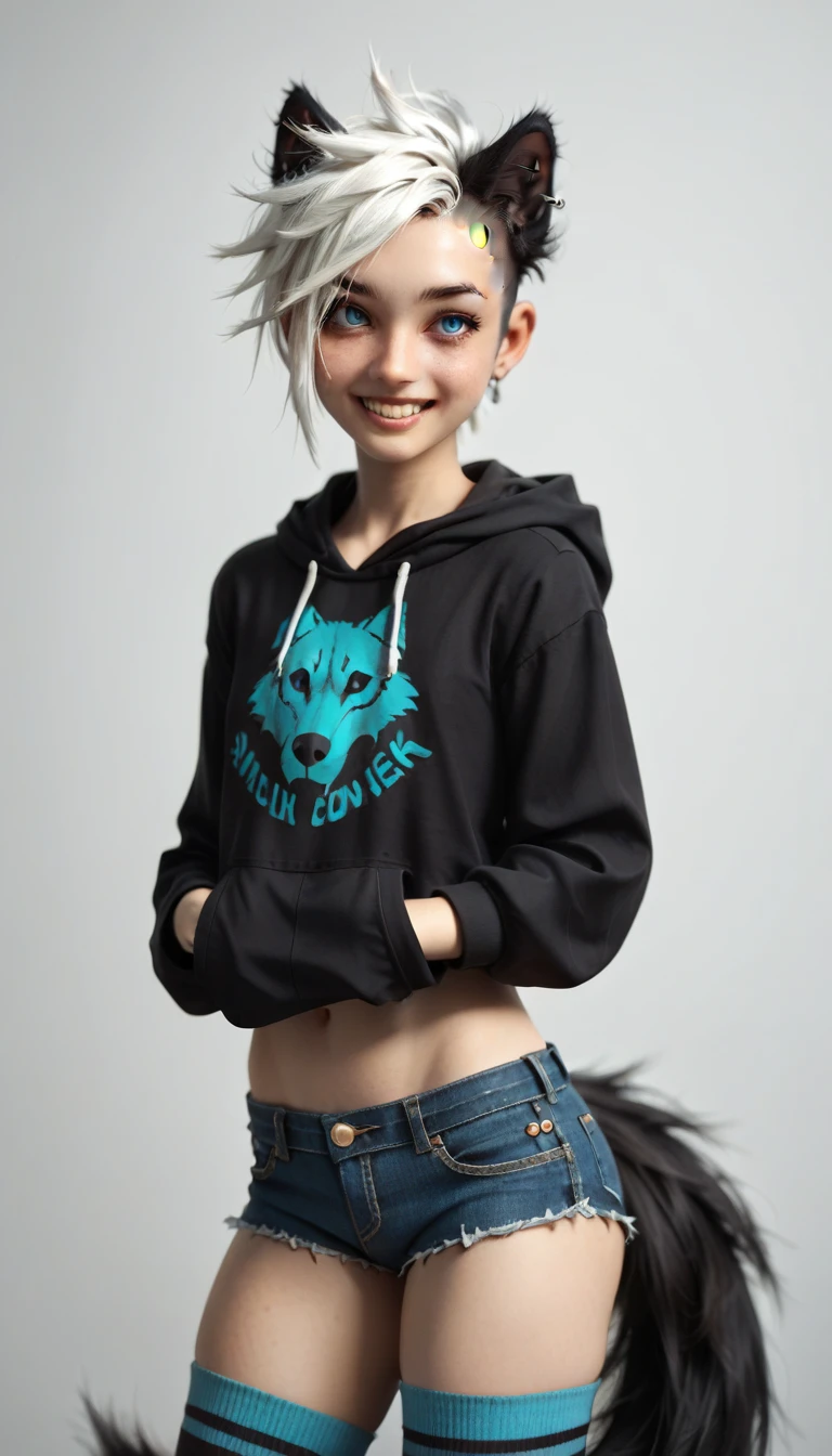 (zPDXL2), score_9, score_8_up, score_7_up, source_anime, 2d,
smile, 1girl, (with white hair, short punk hairstyle), (shy, cute face expression, has glowing blue eyes), (wolf ears, wolf tail), calm pose, (wearing denim short shorts and a cropped black hoodie), (curvy body), (wearing thigh high socks), solo, flat chest
AissistXLv2, unaestheticXL_bp5, SimplePositiveXLv2, zPDXL2 PonyXLV6_Scores