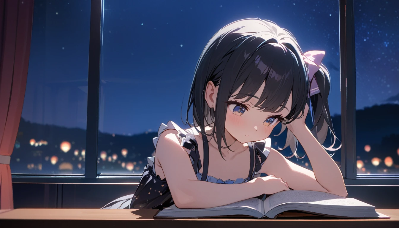 First-class quality，8K resolution，masterpiece，Fresh，Close-up shot，Chinese *********** bows her head to read a book，Sitting at the table，Fashion suspender top，Fair skin，Bright colors，Summer Night，The background is a window，Night view outside the window