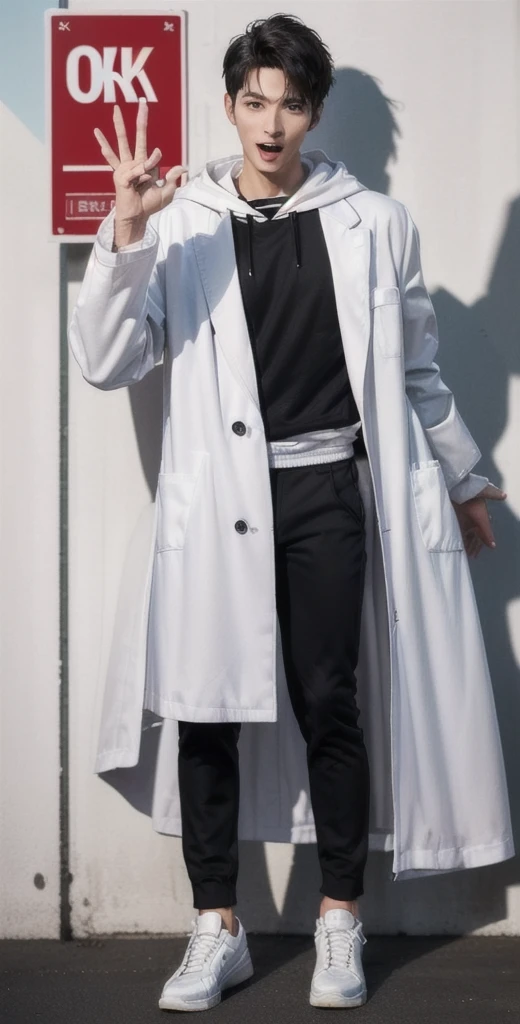 (OK Sign.:1.7),(photorealistic:1.2), (high detail face:1.3), (high detail hands:1.3), (anatomically correct hands:1.2), handsome young asian man, Japanese idol style, short clean-cut hair, ((center part)), (crisp white lab coat:1.3), ((black hoodie underneath:1.2)), (black pants:1.2), (black shoes:1.2), (enthusiastic expression:1.3), ((explain pose:1.4)), (both arms raised:1.3), (clenched fists:1.3), (energetic stance:1.2), plain white background, mid-shot portrait, full body view, high quality, detailed, 8K, (realistic skin texture:1.2), (sharp focus:1.1), (contrast between white coat and black clothing:1.2)