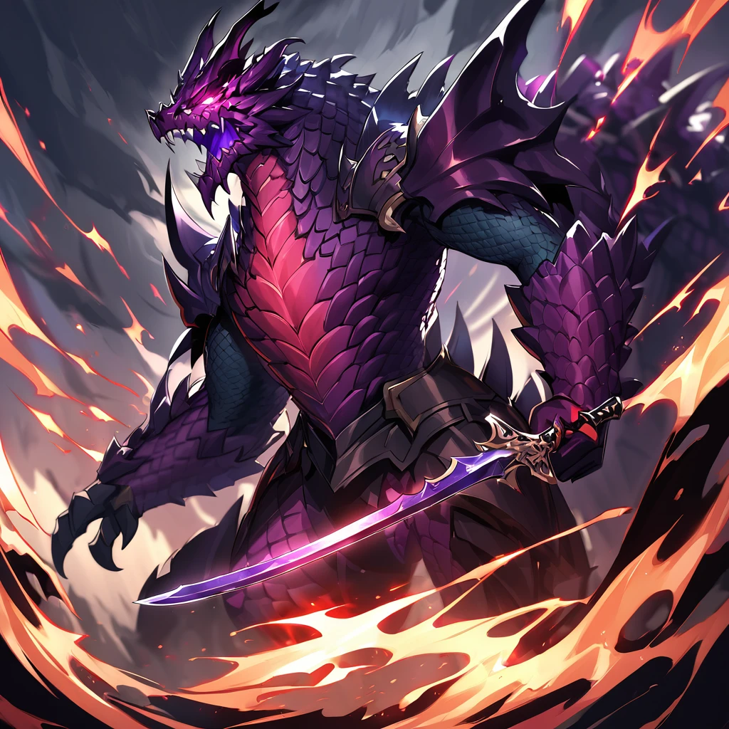 Create a frightening version of Master Yi from League of Legends using his Zephyr Dragon skin. This skin features dragon-themed armor and a mystical appearance. For the scary version, emphasize darker and more intense elements of the skin. Use deep, ominous colors like dark purples, blacks, and reds. Highlight sharp, menacing features like fierce dragon scales and glowing, malevolent eyes. Add dramatic effects such as stormy or fiery energy around him and make his sword appear more formidable and threatening. Ensure that his dragon motifs and armor have a more intimidating, jagged appearance to enhance the overall fearsome presence
