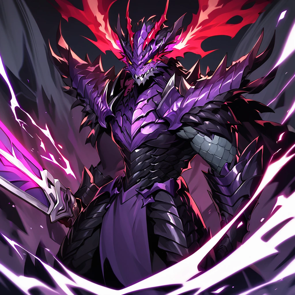 Create a frightening version of Master Yi from League of Legends using his Zephyr Dragon skin. This skin features dragon-themed armor and a mystical appearance. For the scary version, emphasize darker and more intense elements of the skin. Use deep, ominous colors like dark purples, blacks, and reds. Highlight sharp, menacing features like fierce dragon scales and glowing, malevolent eyes. Add dramatic effects such as stormy or fiery energy around him and make his sword appear more formidable and threatening. Ensure that his dragon motifs and armor have a more intimidating, jagged appearance to enhance the overall fearsome presence
