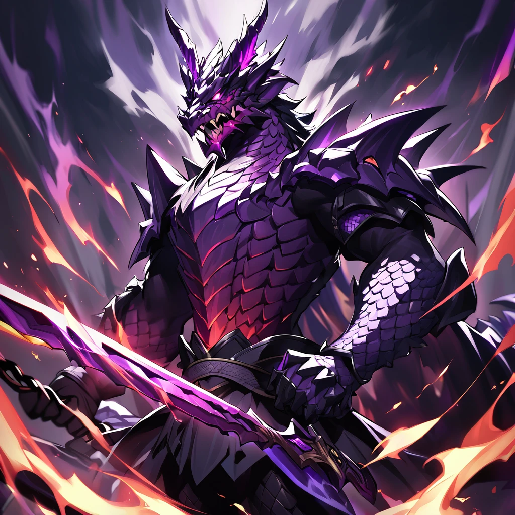 Create a frightening version of Master Yi from League of Legends using his Zephyr Dragon skin. This skin features dragon-themed armor and a mystical appearance. For the scary version, emphasize darker and more intense elements of the skin. Use deep, ominous colors like dark purples, blacks, and reds. Highlight sharp, menacing features like fierce dragon scales and glowing, malevolent eyes. Add dramatic effects such as stormy or fiery energy around him and make his sword appear more formidable and threatening. Ensure that his dragon motifs and armor have a more intimidating, jagged appearance to enhance the overall fearsome presence