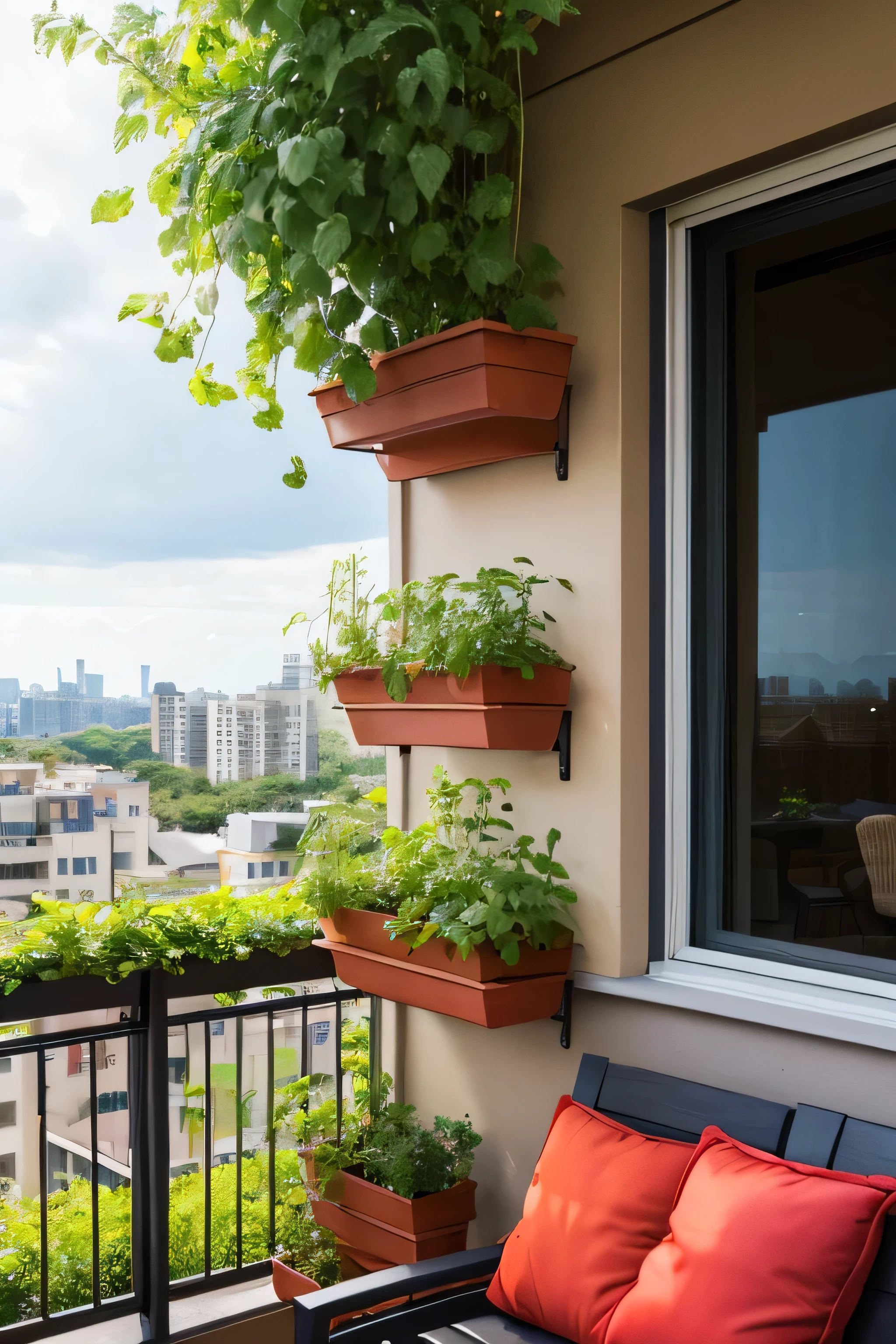 Tomatoes and eggplants are growing in planters on the balcony. There is a sofa for one person in the back.