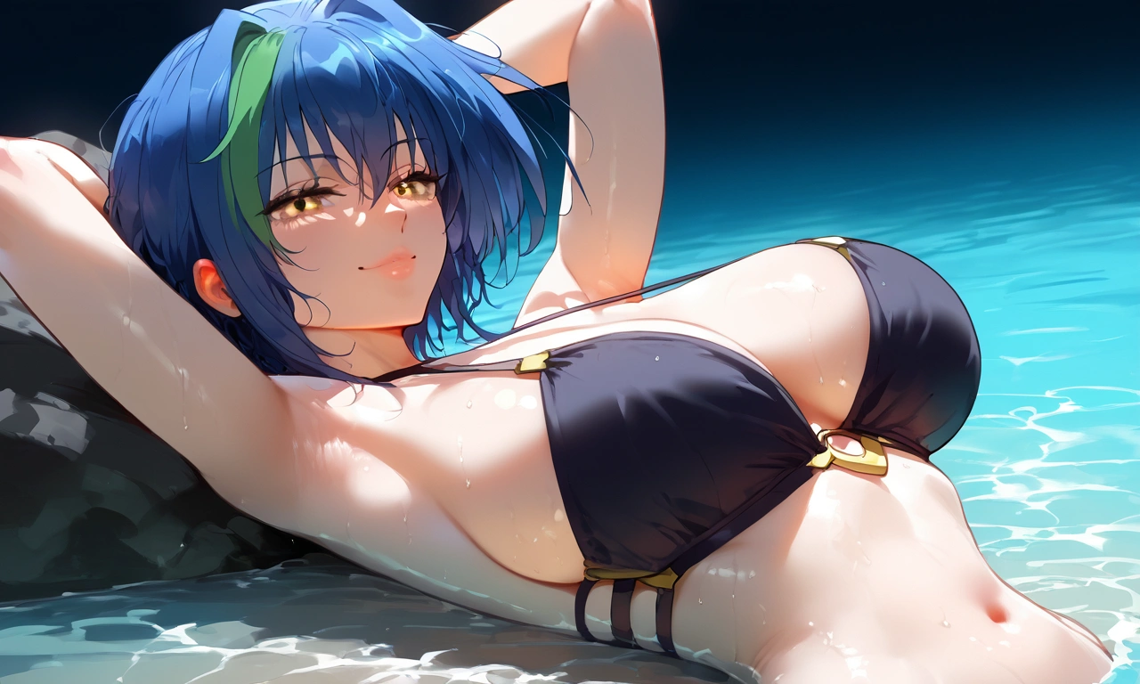 score_9, score_8_up, score_7_up, score_6_up, score_5_up, score_4_up, 1girl, xenovia quarta, short hair, blue hair, , multicolored hair, yellow eyes, green hair, two-tone hair, streaked hair,, large breasts,,,, floox style,, rating_explicit, floox style, high resolution,,, lying on back,bedroom, DeepNegative_xl_v1, expressiveh, , armpits, in water, black background, head in centre of shot, , , , upper body in shot, naughty smile, side view, dutch angle, bikini top, bikini, hands under head, perfect armpits
