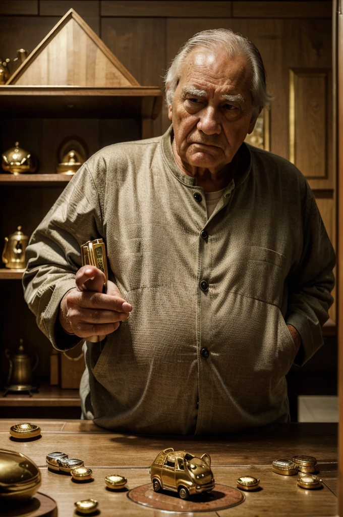 ((best quality)), ((masterpiece)), (detailed), Rich old man with sad face, surrounded by wealth and money, several piggy banks, a luxury house and a luxury car.