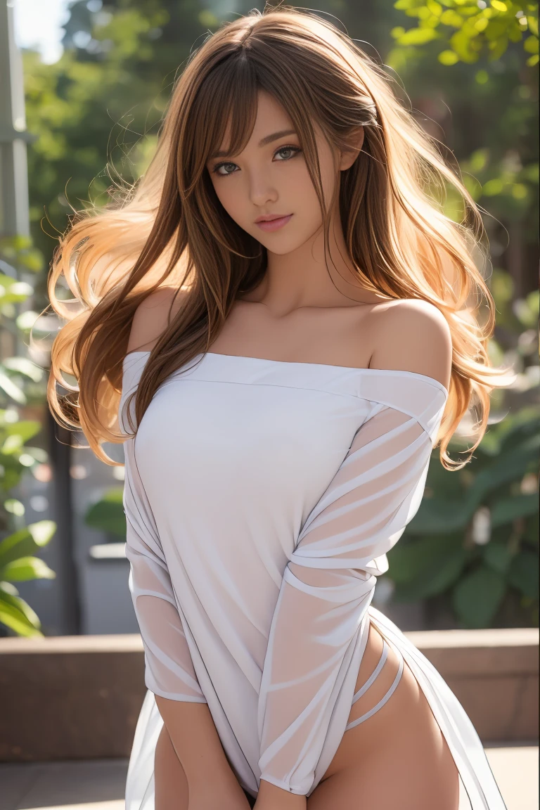One Girl,Beautiful 14 year old girl、Pure girl、 , Dancing, Small breasts, Thin legs, from the front, Audience, ((masterpiece)), ((Highly detailed face)), Highest quality, Surreal, High resolution, Intricate details,(Beautiful and delicate eyes and lips), (Best Shadow. Very delicate and beautiful.), beautifully detailed skin, smile, Open your mouth, Ponytail Brown Hair, (bangs), Floating Hair, Messy Hair ,Good ray, Cowboy Shot, harajuku,outdoor ,Light of the sun ,(No makeup),off-shoulder,white shirts ,formal ,seductive pose