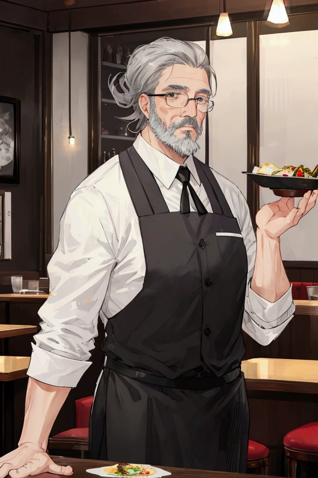 Grey-haired middle-aged man、Short grey beard、Center Parting、Eat food at a restaurant、having meal