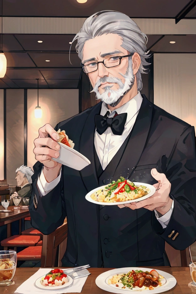 Grey-haired middle-aged man、Short grey beard、Center Parting、Eat food at a restaurant、having meal